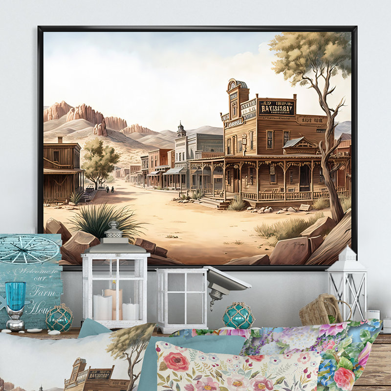 Wild West Town III - art mural occidental, Cadre flottant noir, H 12 po x l 20 po x P 1 po