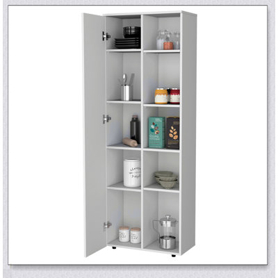 Garde-manger blanc à 1 porte avec 5 tablettes fixes pour un rangement organisé et élégant