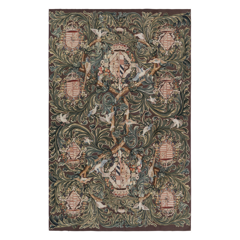 Rug & Kilim’S Armorial Tudor Style Rug In Black, With Beige, Blue And Gold Tones, Rectangle 9'1" x 14'1"