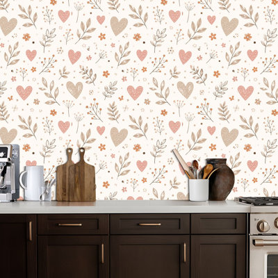 Peel and Stick Wallpaper eucalyptus Hearts Leaves Floral Elements Neutral Tones Seamless Contact Paper Removable Self Adhesive Wall Mural Wall Decor for Bedroom Kitchen Cabinets 24in x 118in