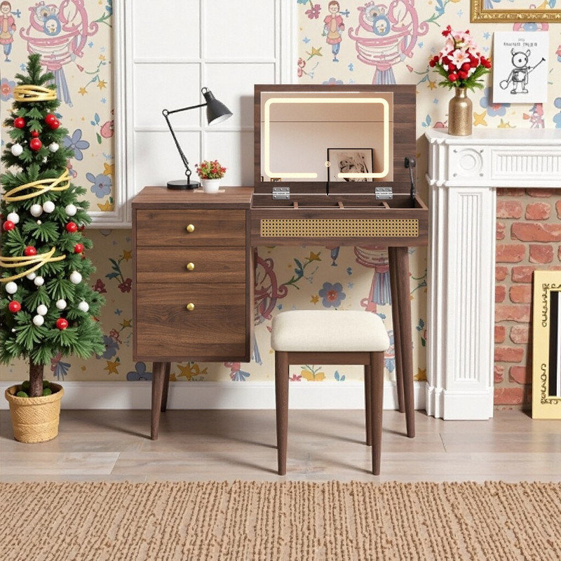 39" Wooden Makeup Vanity Desk with Adjustable LED Mirror, Flip-Top Design & Storage, Bohemian Style