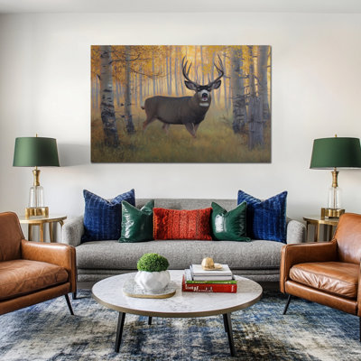 Art mural sur toile grand bois de cerf automne, impression de peinture de paysage de forêt réaliste, affiche de photo de cerf de faune pour décor d'hiver, bureau de chambre à coucher, œuvre d'art rustique, 36 po x 48 po