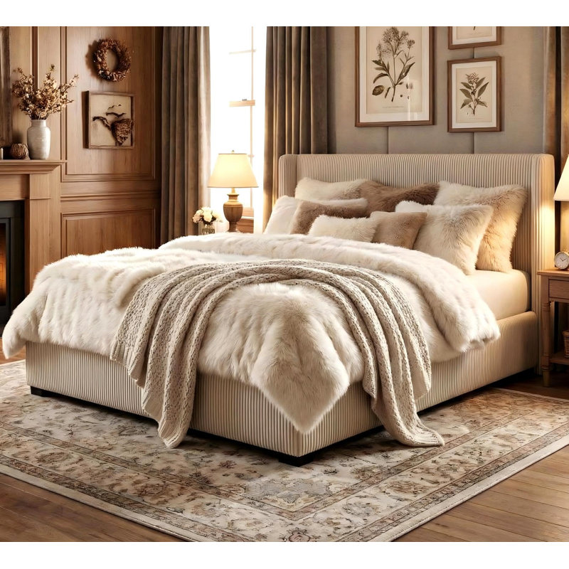 Queen Size Bed with Storage Drawers, Corduroy Upholstered Platform Bed Frame with Wingback, Tufted Headboard and Footboard, No Box Spring Needed, Beige