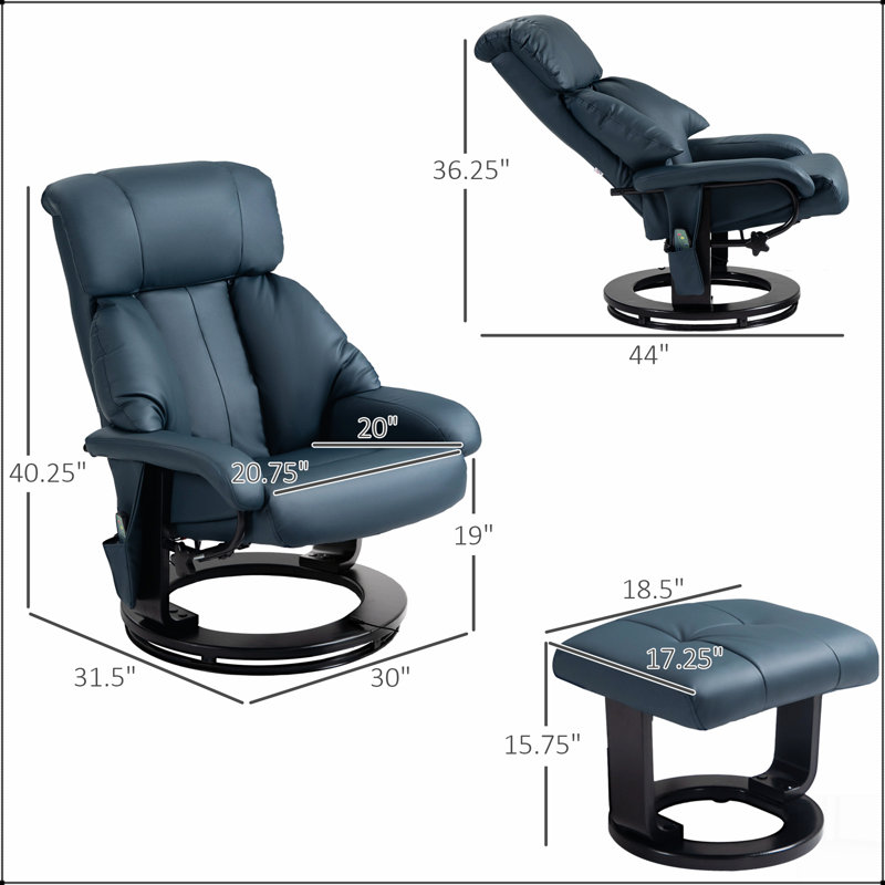 Fauteuil inclinable de massage avec repose-pieds pivotant sur 360 °, Cuir bleu