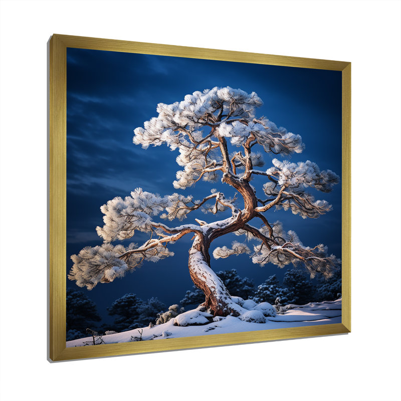 Bonsai pureté en hiver sur toile, Cadre doré simple, H 36 po x l 36 po x P 1,5 po