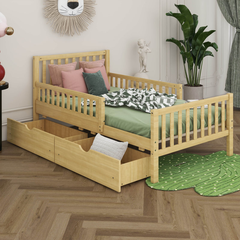 Lit plateforme en bois avec deux tiroirs de rangement et deux garde-corps latéraux, Lit simple