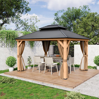 Solid Wooden Patio Gazebo with Double Roof, Netting and Curtains