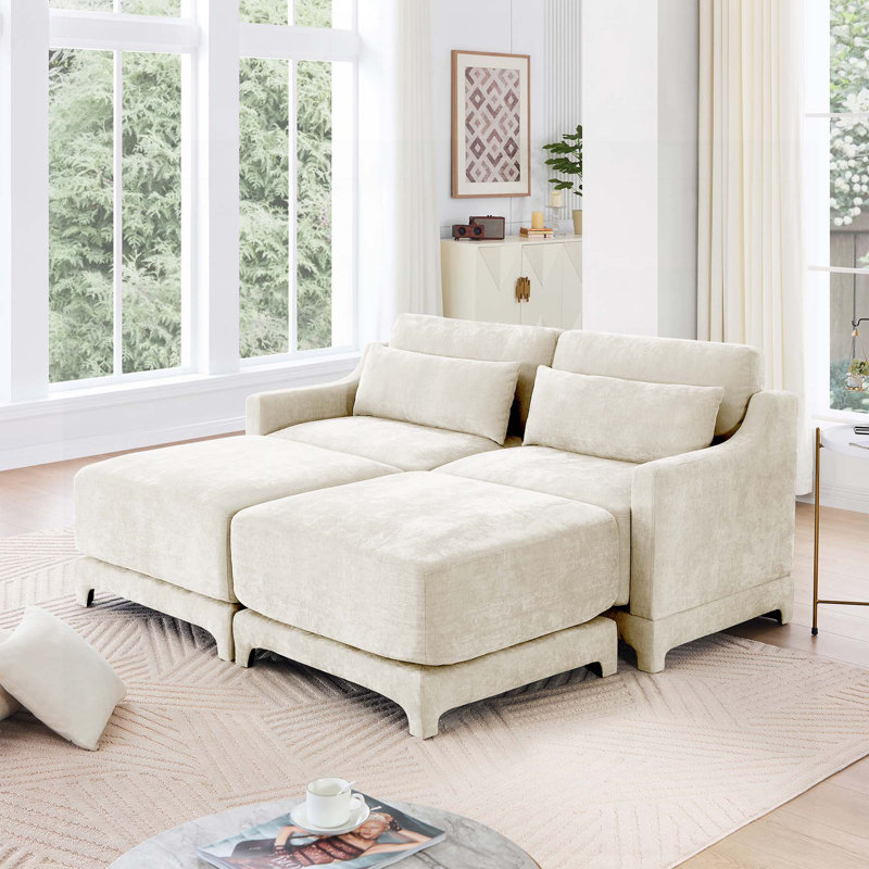 Canapé à deux places avec tissu en chenille, repose-pieds, coussins lombaires, bois de haute qualité, conception ergonomique, éponge à haute résilience, facile à installer pour plusieurs espaces