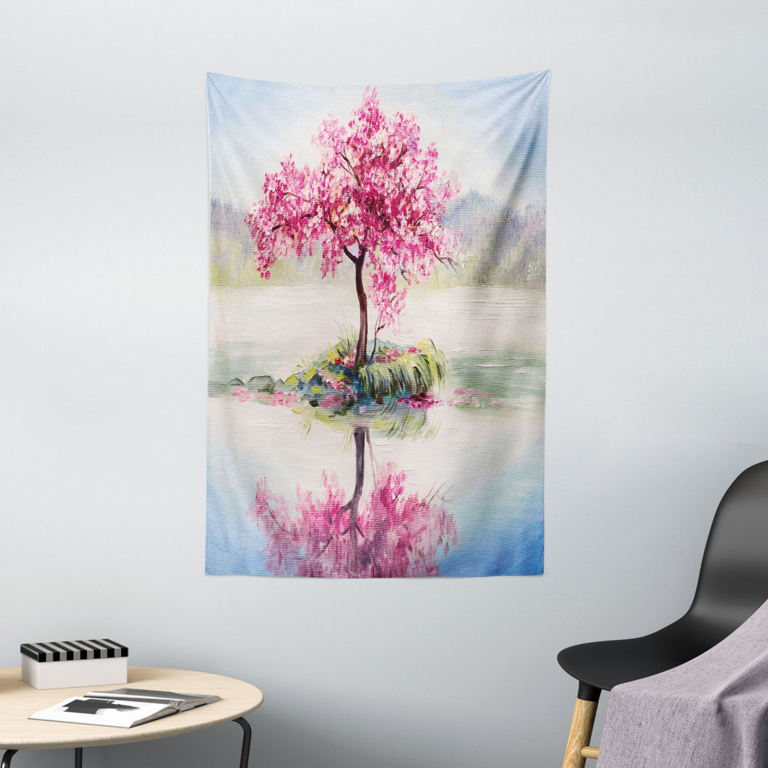 Tapisserie Bild BlÃ¼hende japanische Kirschbaum Sakura auf dem See Soft romantische Kultur drucken