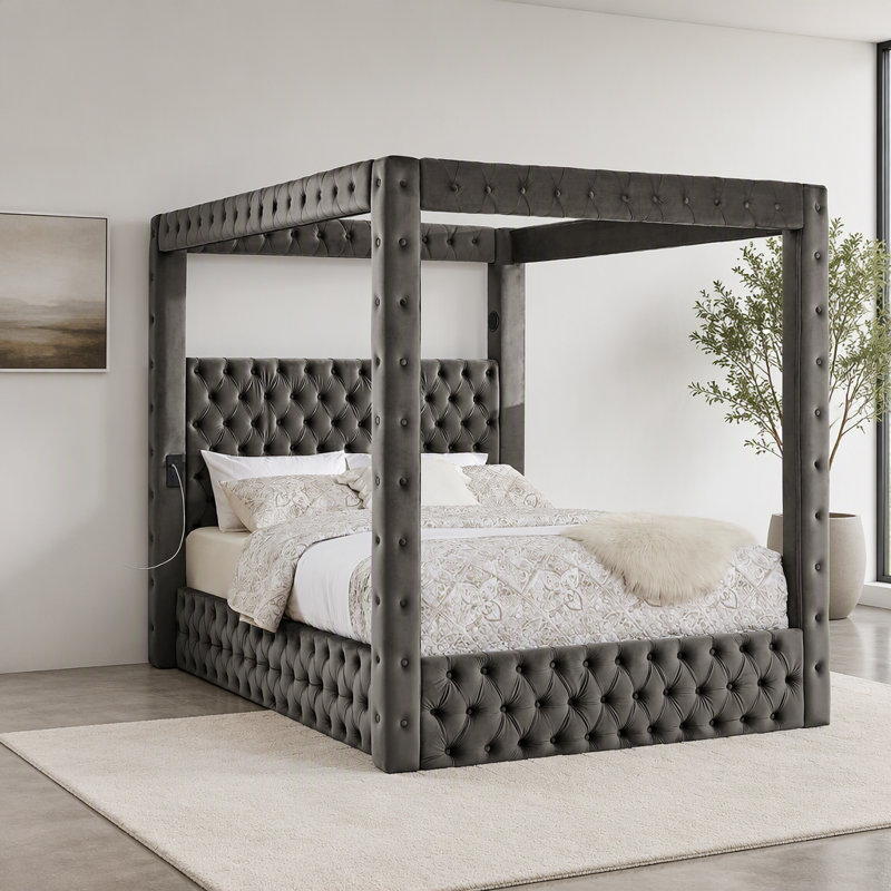 Structure de lit à baldaquin grand lit, lit plateforme tapissier en velours avec tête de lit capitonnée, haut-parleur Bluetooth intégré, ports de charge USB-A et USB-C, sommier robuste, gris