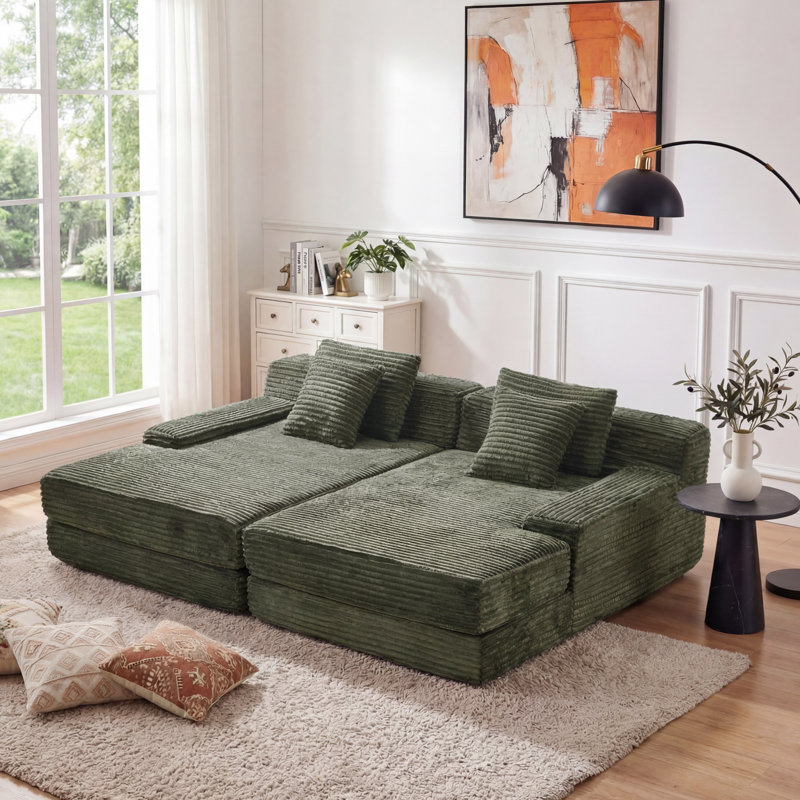 Oversized Modular Flannel Double Chaise Lounge Chair with 4 Pillows, Pure Foam Filled, No Assembly Required, Green, Green