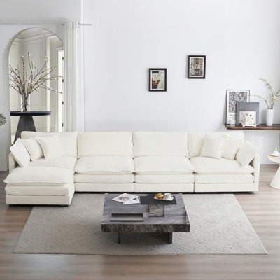 U Shaped Living Room Sectional Couch: 5 Seater, Chenille In White, Build Seater : White Chenille, , And