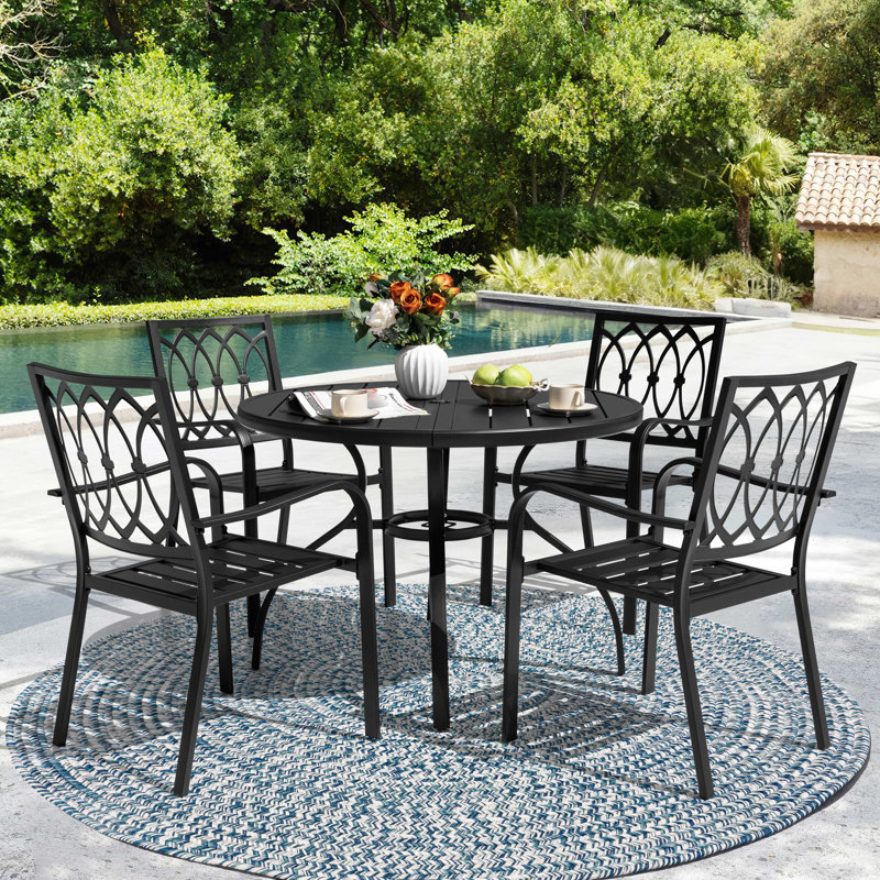 5-piece Metal Patio Dining Set With Umbrella Hole And 4 Stackable Chairs