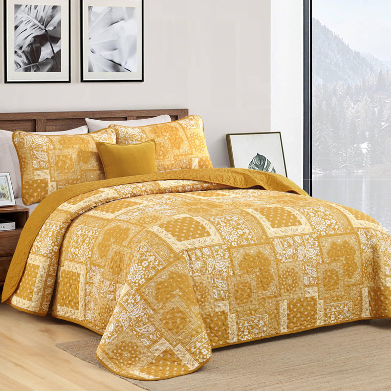 Ensemble de courtepointe 3 pièces à motif floral et motif cachemire Boho, Jaune