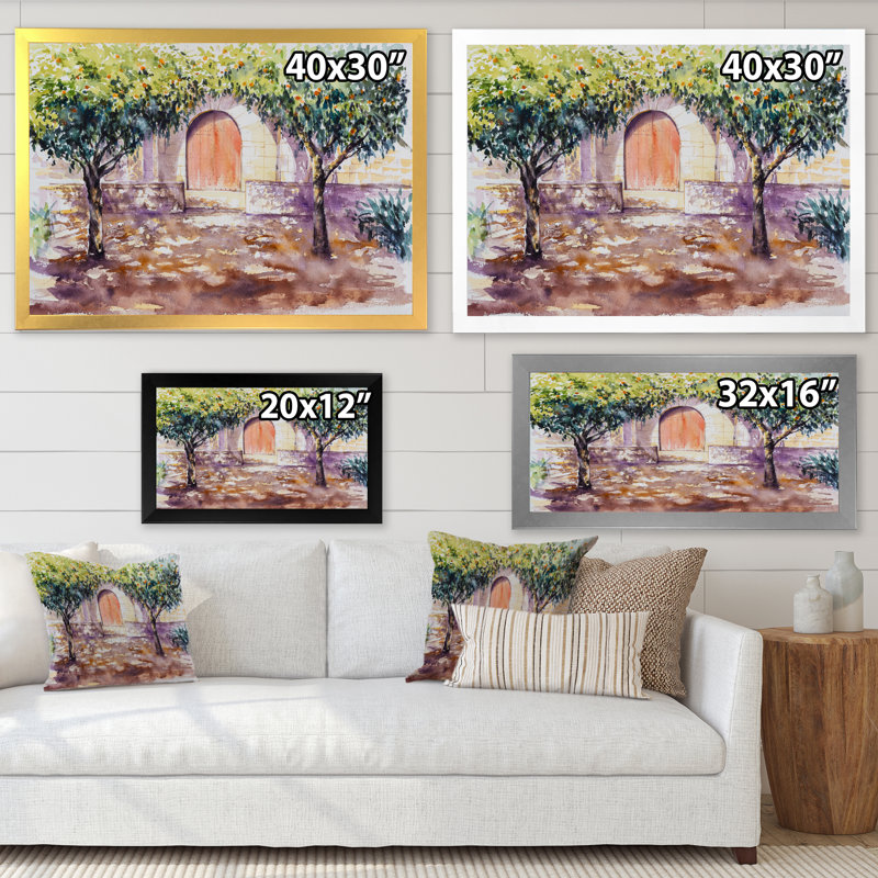 «Backyard Library in Barcelona with Orange Trees», peinture sur toile, H 34 po x l 44 po, Cadre photo blanc