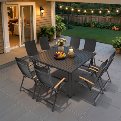 Ensemble repas pour 8 personnes en aluminium avec fauteuils inclinables et pliables