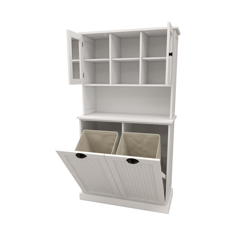 Two-Compartment Tilt-Out Dirty Laundry Basket Tall Bathroom Cabinet With 2 Adjustable Shelves, White