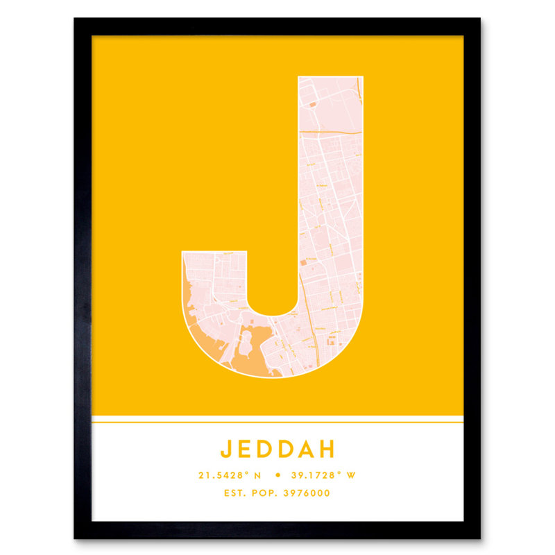 Jeddah City Map Jeddah Saudi Arabia City Map Yellow by Wee Blue Coo - Single Picture Frame Typography