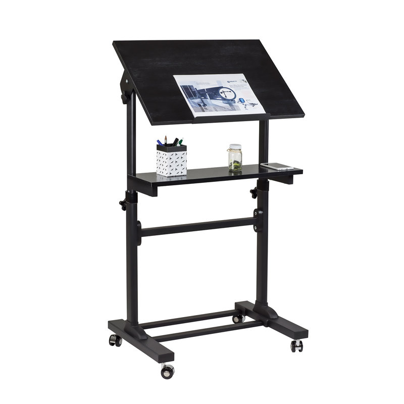 Black Adjustable Mobile Stand Up Desk with Particleboard Top