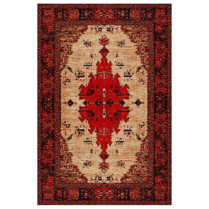 Mattis Burgundy Beige Moroccan Machine Printed Cotton Polyester Area Rug, Rectangle 6'7" x 7'3"