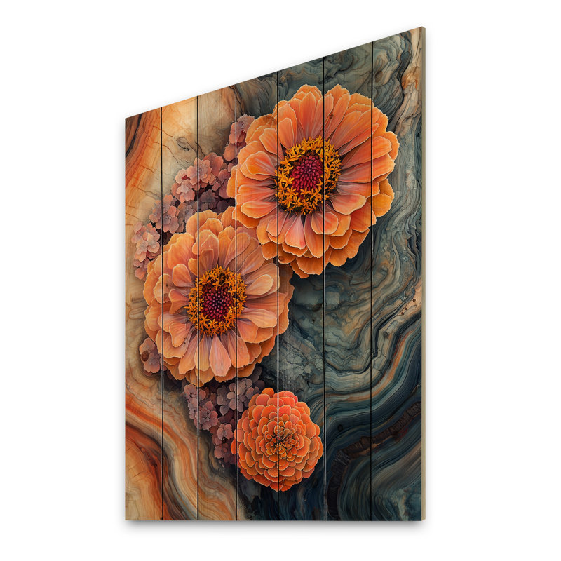 Zinnias Garden On Wood Slide II - Zinnias Wood Wall Decor - On Natural Pine Wood, 32" H x 24" W x 0.78" D