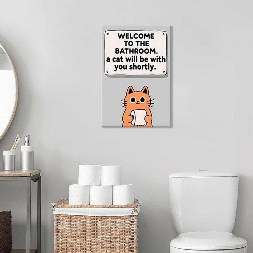 Funny Bathroom Wall Art,Welcome To The Bathroom A Cat Will Be With You Shortly Paintings Posters,Orange Cat Holding Toilet Paper Canvas Pictures Print