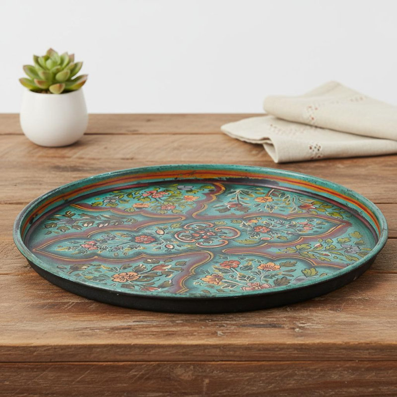 Plateau de service rond en bois 21 po peint à la main pour décoration de table basse