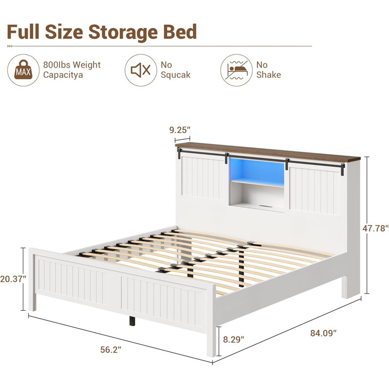 Farmhouse Bed Frame with LED Lights and Charging Station, Full
