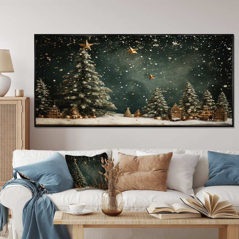 Décoration de sapin vert de Noël - Art mural sur toile de pin, H 28 po x l 60 po, Noir, Reproduction avec cadre flottant