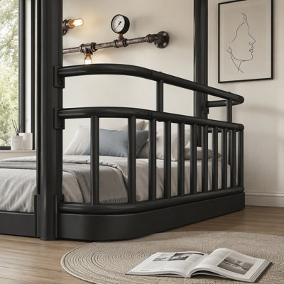 Lit superposé simple TG au-dessus de simple TG avec échelles et garde-corps, structure en métal à tuyaux ronds améliorés, élégant et polyvalent pour toutes les pièces, adolescents et adultes, noir