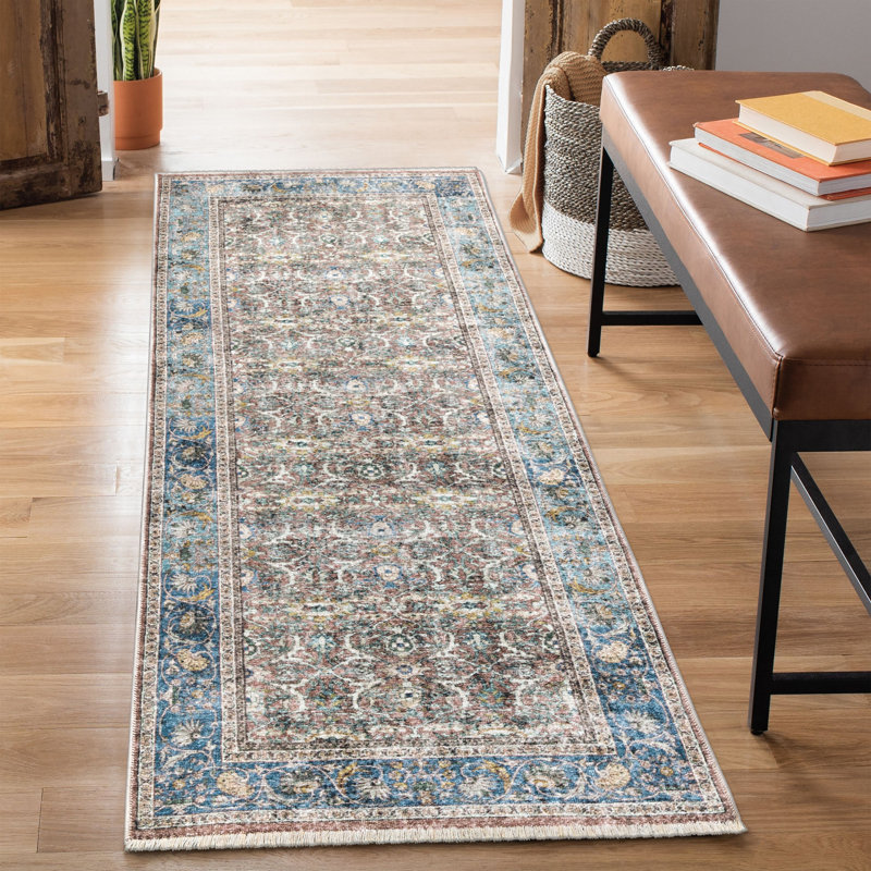 Washable Non-Slip Traditional Area Rug - Blue / Red / Brown Rug for Entryway, Hallway, Bathroom, and Kitchen