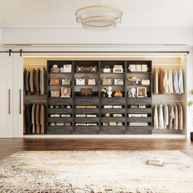 85.2"-462.8" Closet System With Drawers And Rods, Gray