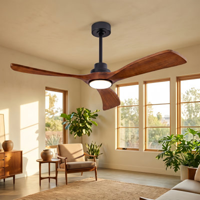 52" 3-Blade Solid Wood Walnut Finish Ceiling Fan with LED Light and Remote