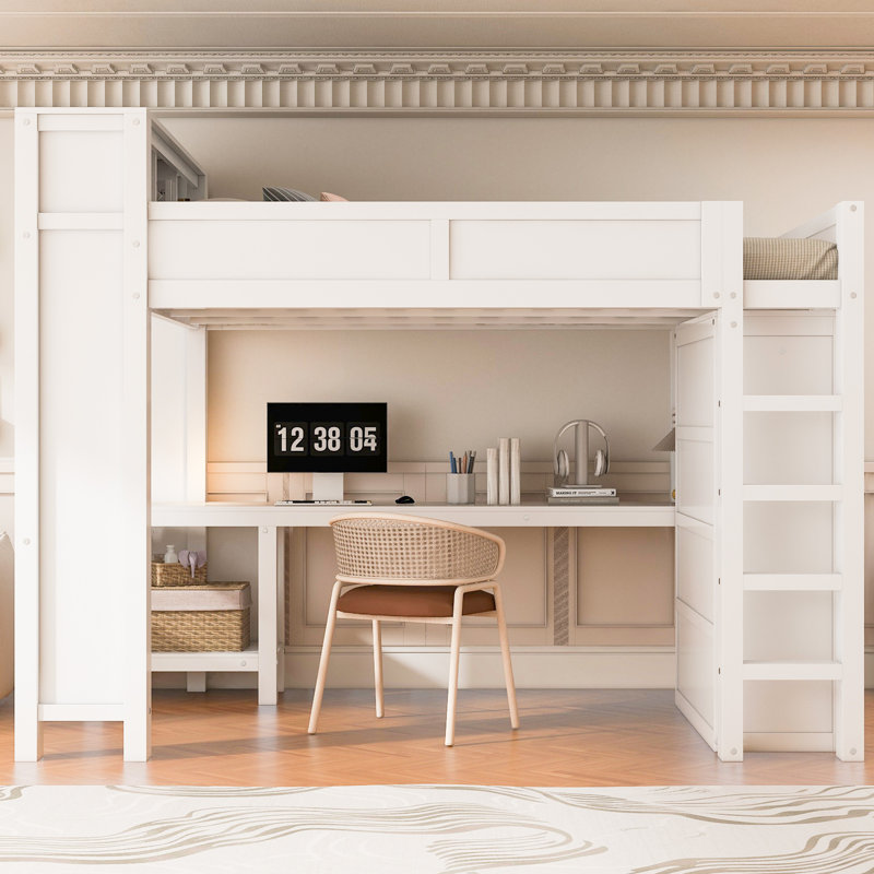 Wood Queen Size Loft Bed, Built-In Desk And Wardrobe, Storage Headboard With Charging Station, Modern Farmhouse, Kids Bedroom
