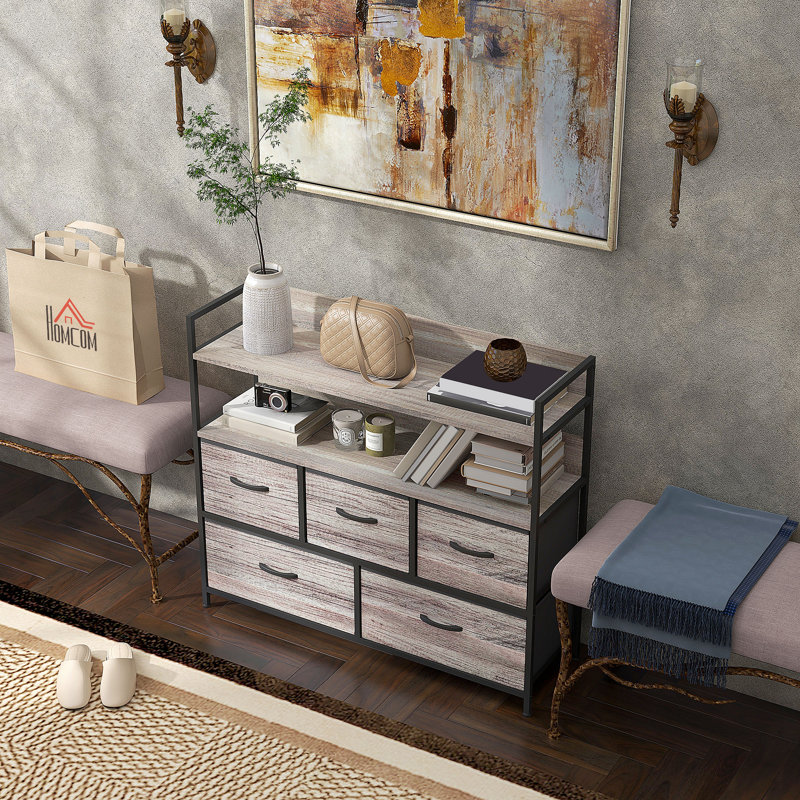 HOMCOM Chest of Drawers Fabric Dresser 5 Drawers, Grey Wood Effect