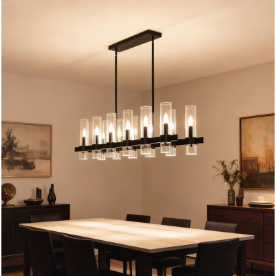 Modern Farmhouse Dining Room Chandelier Linear Clear Glass Shade 12-Light Ceiling Pendant Hanging Light Fixture Matte Black