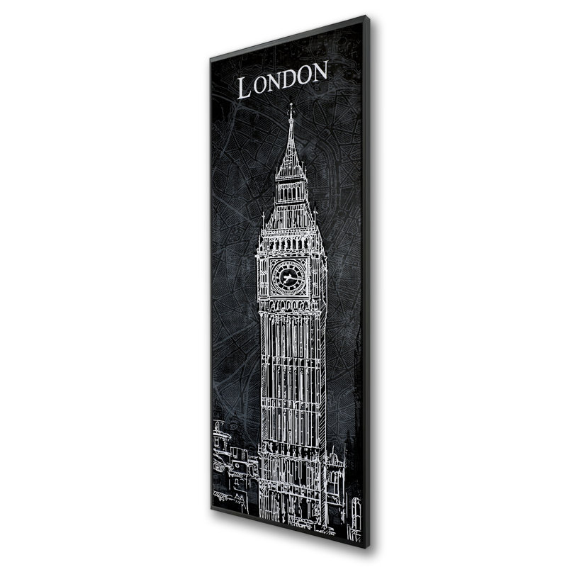 Big Ben Sketch with Map - Gray Monochrome Framed Canvas Decor