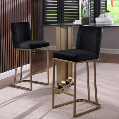 Counter Height 26" Bar Stools 2, Velvet Upholstered, Gold Brushed Metal Frame For Pub And Kitchen Of 2 Stools, Seat Back, by Everly Quinn