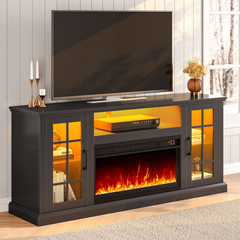 59" TV Stand with Fireplace, RGB LED Lights and Charging Station, Black