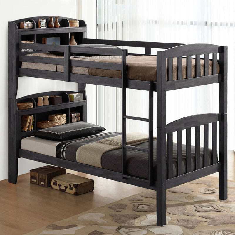 Lit simple superposé au-dessus gris avec finition transitionnelle, bois massif et bois d'ingénierie, têtes de lit bibliothèque, style gris, avec lattes et design convertible