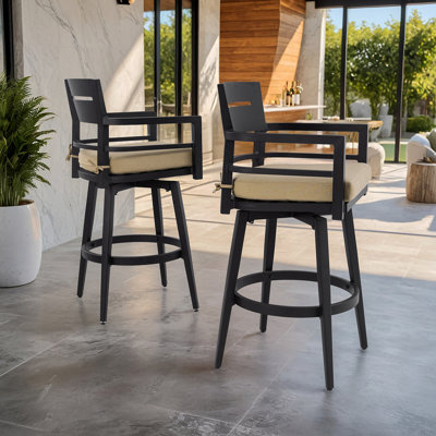 Modern Outdoor 2-Piece Swivel Bar Chairs – Aluminum Frame With Ember Black, 360° Swivel, Ergonomic Backrest & Armrests, Tapered Legs, Sunbrella Cushion, Weather-Resistant & Durable Patio Bar Stool