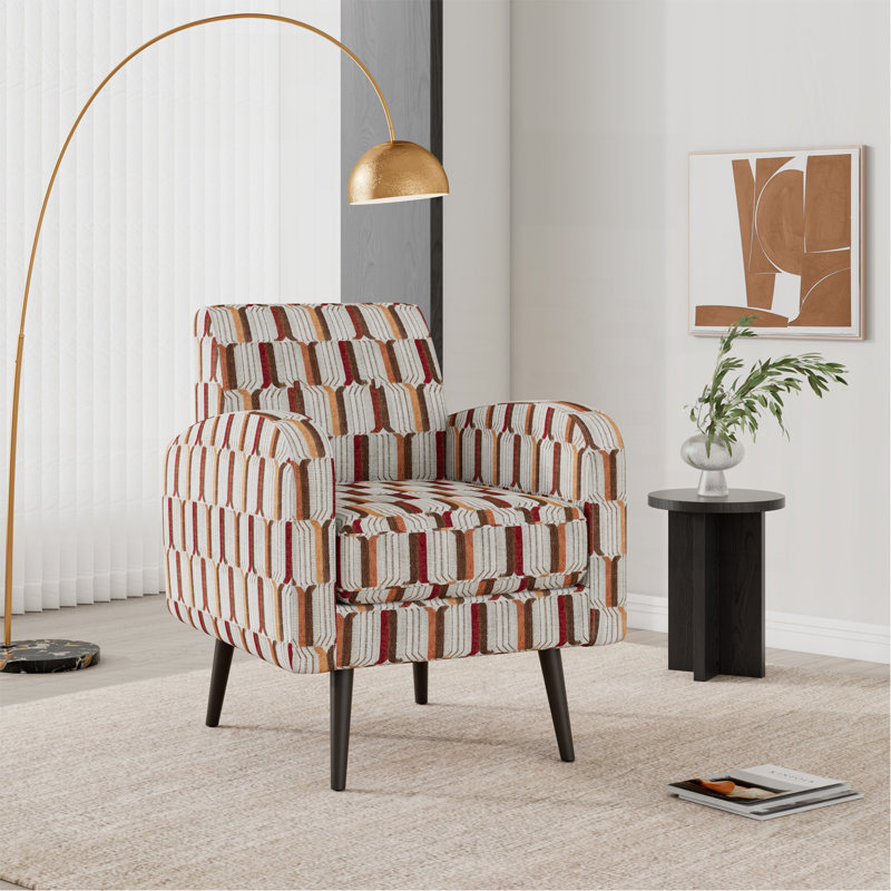 Chaise avec accoudoirs décorative à rayures brun clair, crème et rouge avec pieds en bois massif brun foncé, Red Polyester