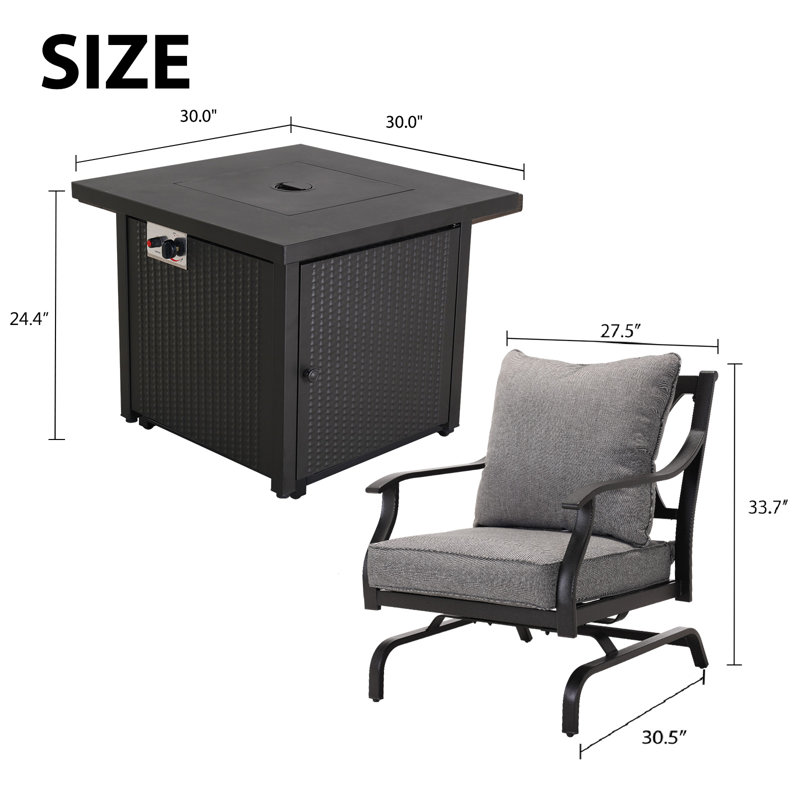 Ensemble de 5 chaises de patio à bascule en métal avec foyer carré en acier de 30 pouces