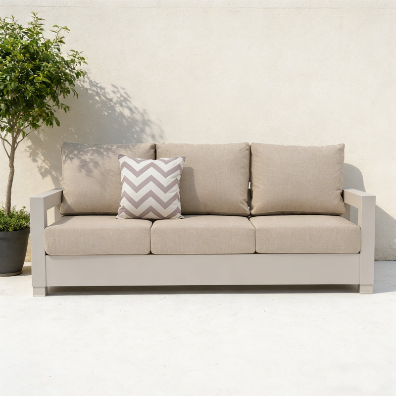 Outdoor 3-person Patio Conversation Sofa, Beige Cushion/Beige Frame
