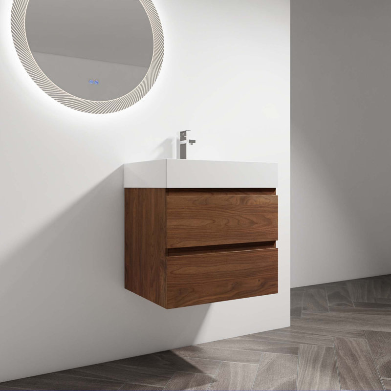 Meuble-lavabo mural avec lavabo en résine, Brun