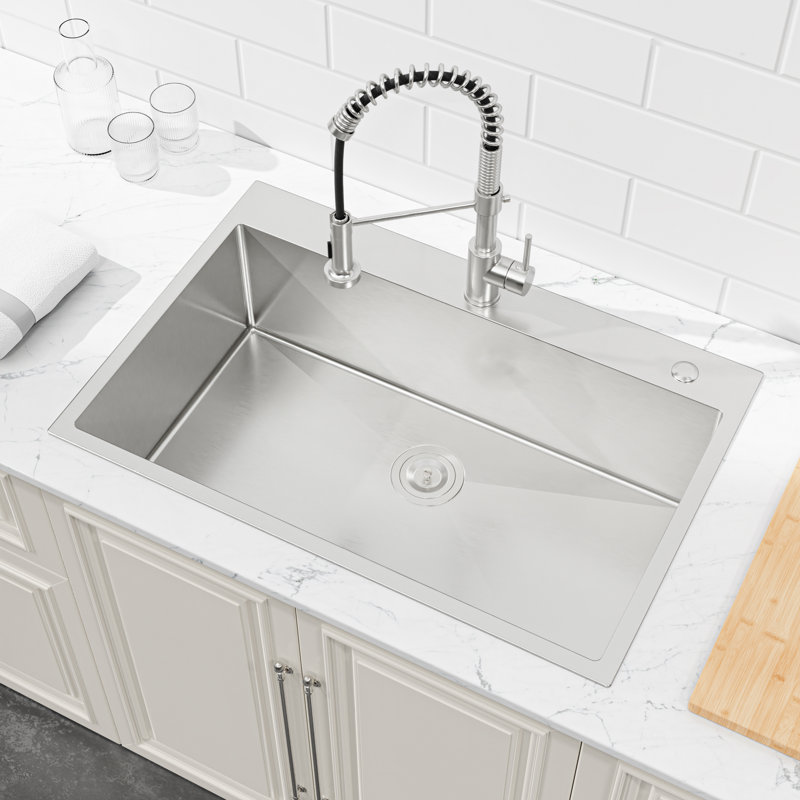 33 x 22 Inch Stainless Steel Kitchen Sink, Single Bowl Drop-In Overmount Sink, 16 Gauge Brushed Nickel Handmade Sink with Drain & Hooks