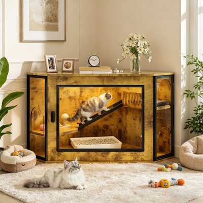 48" Corner Cat Litter Box Enclosure with Door Hidden Cat Washroom Furniture with LED Light