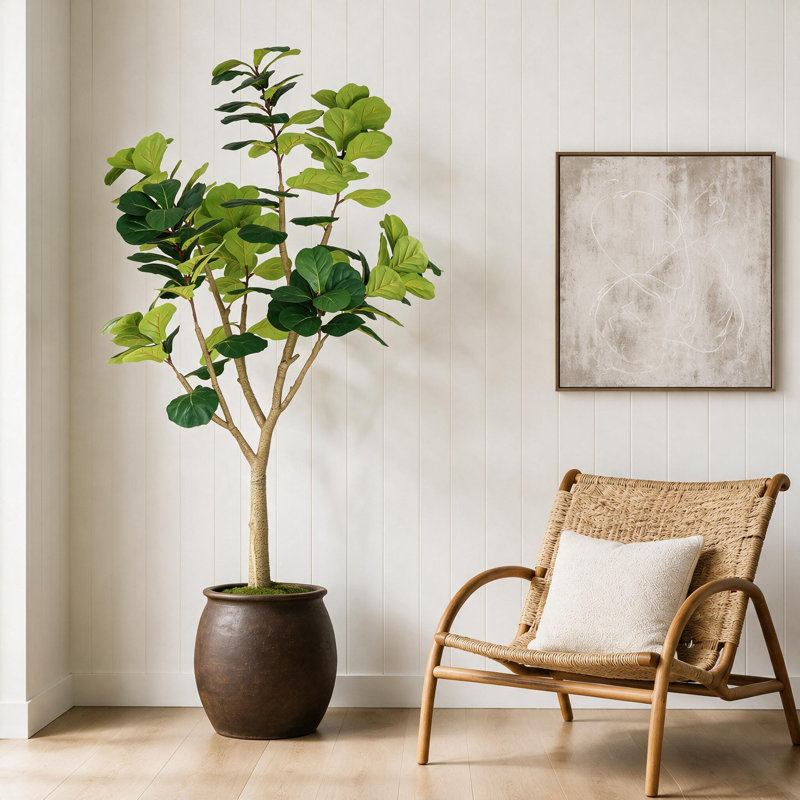 7FT Artificial Fiddle Leaf Fig Tree, Tall Lifelike Faux Plant in Black Pot for Home Office Decor