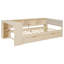 Lit plateforme en bois avec tablettes de rangement, tiroirs, station de charge et tête de lit tapissier