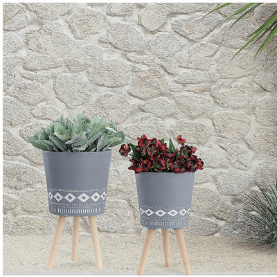 S/2 10/12" DIAMOND PLANTER W/ WOOD LEGS, GRAY (KD)